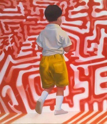 T.M. Aziz's work explores the theme of inner isolation. Here, a young boy faces a maze-like pattern, a powerful visual metaphor for the complexities and confusion of navigating the world.