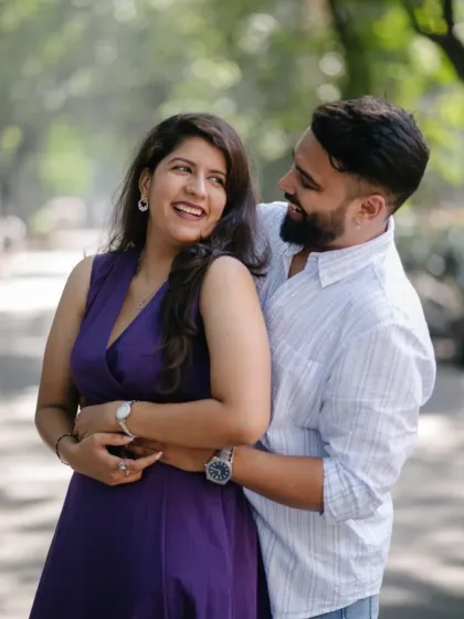 Capturing the easy, happy moments of a couple just being themselves. This candid portrait from a Mumbai pre-wedding shoot is all about their natural chemistry and shared laughter.