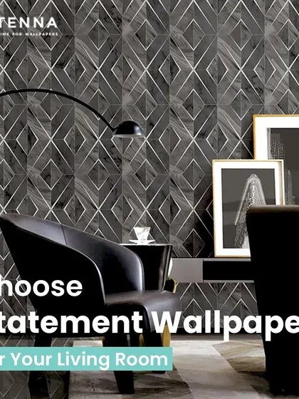 A bold, geometric wallpaper creates a sophisticated and modern statement wall in this living room. This is a perfect example of how the right design can anchor a room and serve as a central piece of art.