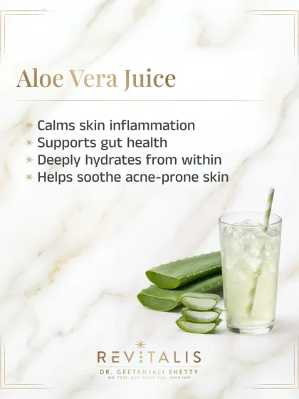 Aloe Vera juice is fantastic for calming skin inflammation and supporting gut health. It deeply hydrates from within and can be especially helpful for soothing acne-prone skin.
