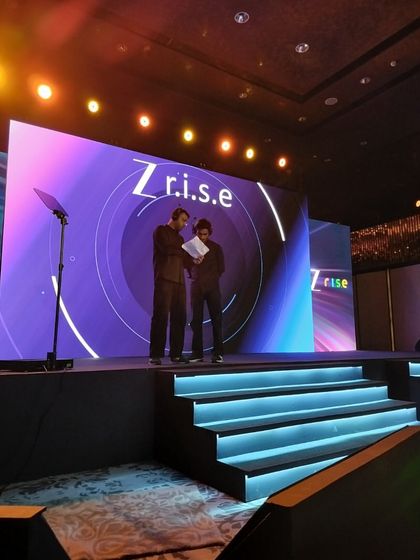 Rehearsing on stage for the Zee 5 event. We ensure every speaker is comfortable with their position and the teleprompter.