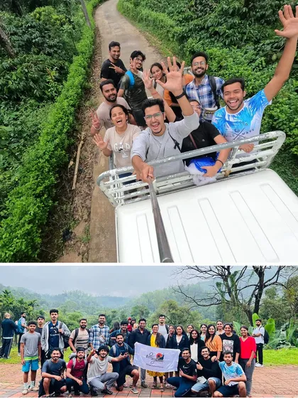 A collage showing the fun and adventure of our monsoon treks, from riding on top of a jeep to group photos in the wild.