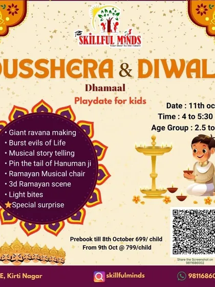 Announcing our Dussehra & Diwali Dhamaal playdate. This poster details a day packed with activities like giant Ravana making, musical storytelling, and a 3D Ramayan scene creation.