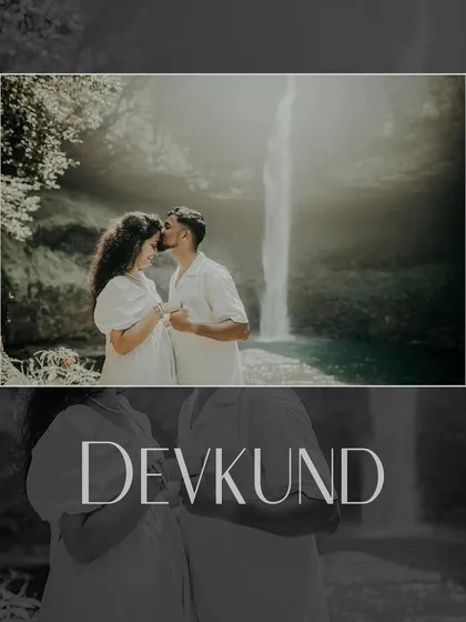 A creative composition highlighting the Devkund location, showing the couple sharing a kiss with the waterfall in the background.