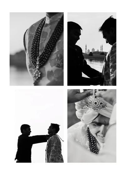 A collage of groom portraits from Rishab's Abu Dhabi wedding. From close-ups on his turban to silhouettes against the sunrise, these images tell the story of his morning.
