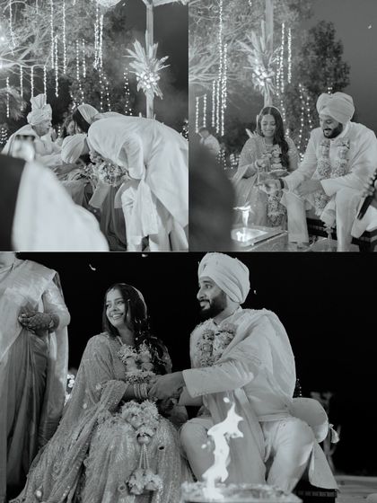 A black and white collage of a Sikh wedding ceremony (Anand Karaj) by the fire. It captures the solemn vows, the holding of hands, and the couple's serene expressions.