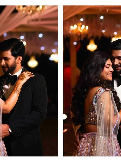 Weaving together love and timeless memories. Here's a beautiful portrait of the couple from their elegant Sangeet night.