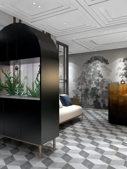 This view shows the unique arched aquarium that acts as a partition in the reception area. It's a creative element that adds a touch of serenity and visual interest to the space.