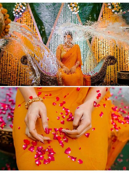 A diptych from a Haldi ceremony, capturing the moment of being showered with water and a close-up of hands holding petals.