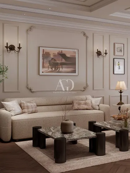 Another angle from "Villa no. 185," this image shows the thoughtful placement of art and lighting. The wall sconces flank a piece of art, drawing attention to it while providing soft, ambient light.