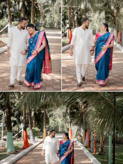 A collage showing the couple enjoying a walk during their baby shower event. These unposed moments are just as important as the formal portraits.