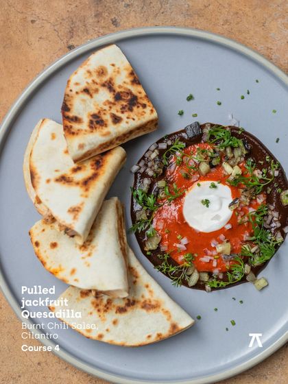The Pulled Jackfruit Quesadilla with burnt chili salsa from the vegetarian menu of The Second House, Goa pop-up. A soulful and inventive take on a classic.
