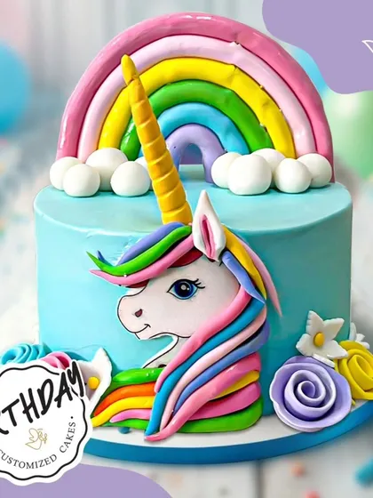 A burst of color and magic, this unicorn cake features a vibrant rainbow, a beautifully sculpted unicorn with a multi-colored mane, and delicate floral accents, bringing pure joy to any party.