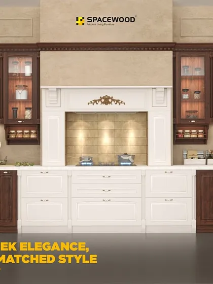 For those who love classic charm, I combine different finishes to create a warm, sophisticated space. This kitchen features rich, dark wood cabinetry alongside crisp white shaker-style doors, with an ornate range hood as the centerpiece.