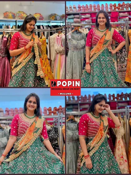 This collage provides a complete view of the green printed lehenga, showing the model's happy expressions as she tries on this beautiful outfit.