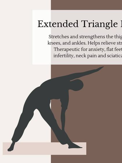 Extended Triangle Pose stretches and strengthens the thighs, knees, and ankles. It's also therapeutic for anxiety, flat feet, and neck pain.