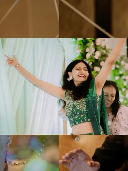 A collage of guests dancing and enjoying the Sangeet night.