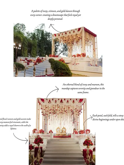 An infographic detailing the design elements of the ivory and maroon mandap. It highlights the use of red floral runners, gold accents, and the ethereal blend of colors to create a regal yet personal dreamscape.