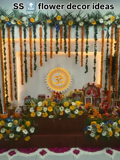 I specialize in creating beautiful, traditional spaces for pujas and religious functions at home. This setup features a backdrop with marigold garlands, a custom 'Om' sign with backlighting, and a floral base for the idols.