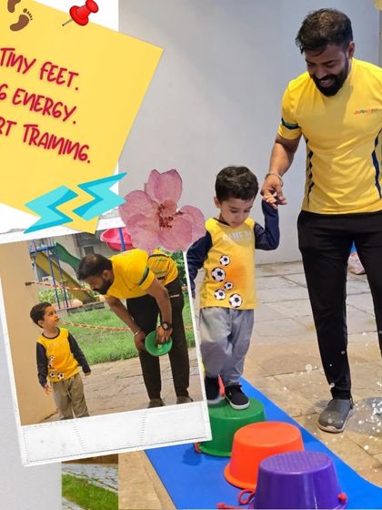 Tiny feet, big energy, smart training! A coach helps a toddler carefully step across a colorful bucket path, an exercise that builds balance, coordination, and focus.