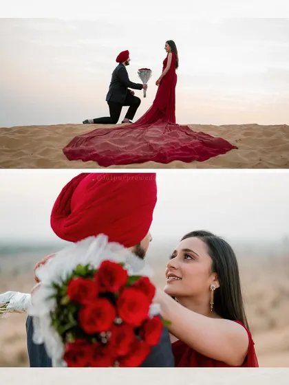 A fairytale proposal moment captured in the Rajasthani desert. For Harmail and Kamalpreet, we arranged this surprise with a beautiful bouquet of red roses against the vast, sandy dunes, creating a memory that is both epic and deeply personal.