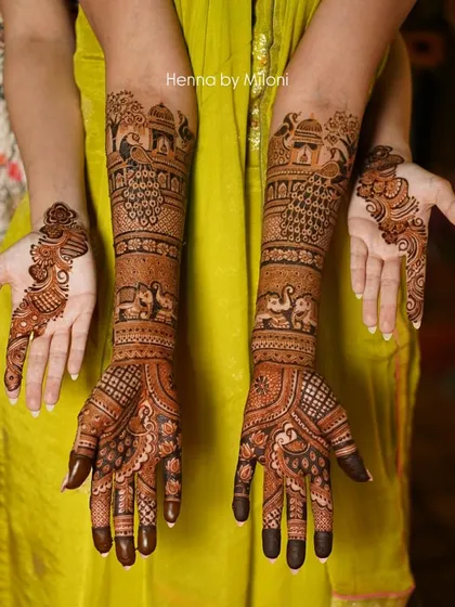 A complete bridal mehendi set, including intricate designs for the bride and simpler, elegant patterns for the bridesmaid.