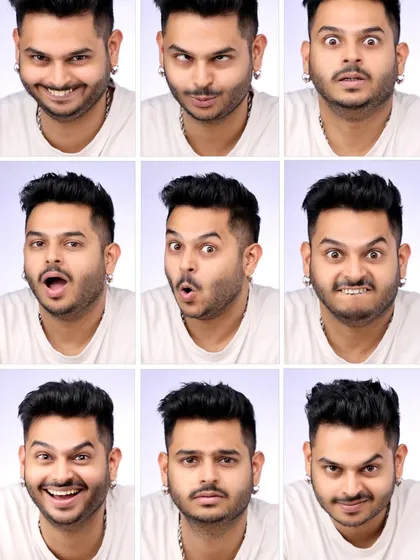 Showing range is critical for an actor's portfolio. This nine-expression grid for comedian Sidharth Sagar is a powerful tool we create to showcase an actor's emotional and comedic versatility in a single, impactful image.