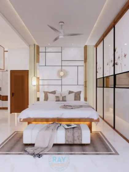 A full view of the spacious and elegant bedroom, showcasing the harmony between the bed, wardrobe, and TV unit designs.