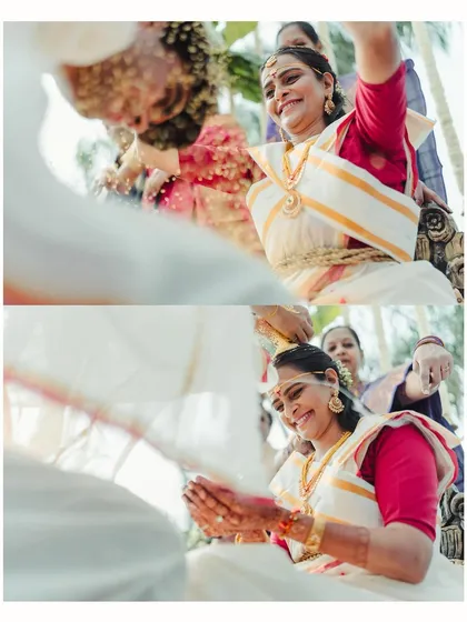 The bride's expression of pure happiness during the wedding rituals.