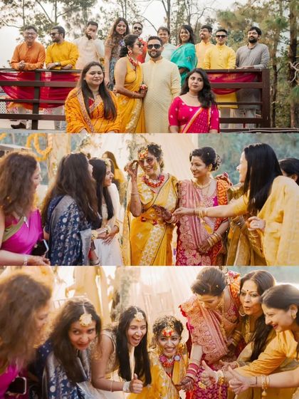 A collage of family and friends enjoying the Haldi ceremony, capturing the collective happiness of the event.