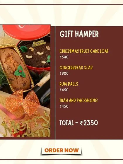 This image breaks down the contents of my complete Christmas gift hamper. It includes a Christmas Fruit Cake Loaf, a Gingerbread Slab, and Rum Balls, all beautifully arranged with festive packaging.