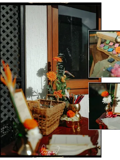 Another collage of the interactive corners at a housewarming, including a suggestion tree and fingerprint art.