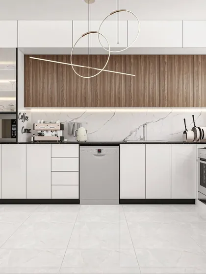 This modern modular kitchen combines sleek white cabinetry with warm wood accents and a marble backsplash, creating a space that is both highly functional and aesthetically pleasing.