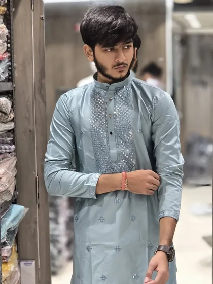 The pastel blue ready-to-wear kurta, perfect for daytime events.