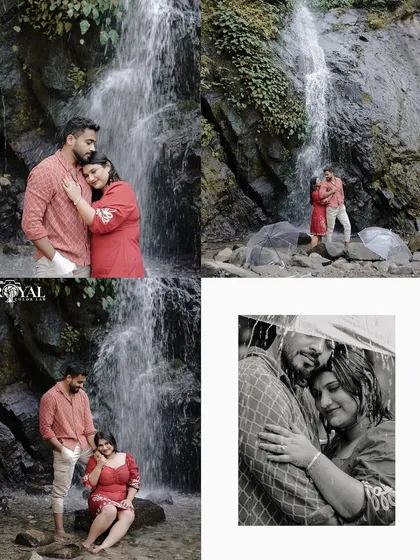 Rishikesh offers more than just the river. This collage showcases a session at one of the area's beautiful waterfalls, providing a lush, serene, and private setting for your maternity portraits.