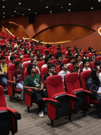 A view of the packed auditorium at AAFT, Marwah Studio. The students were highly engaged during my live digital caricature session.