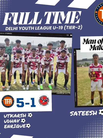 My U-19 team delivering a 5-1 victory, with Sateesh recognized as Man of the Match. We develop players who can make a decisive impact.