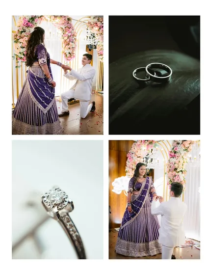 A collage capturing the essence of an engagement: the proposal, the rings, and the happy couple.