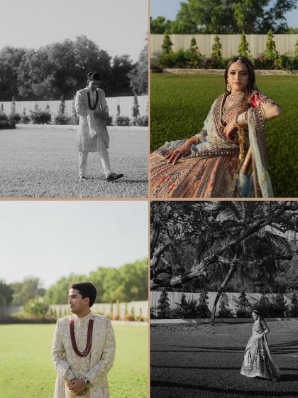 A collage of individual portraits of the bride and groom in a garden setting. The mix of color and black and white shots creates a dynamic and artistic showcase of their wedding looks.