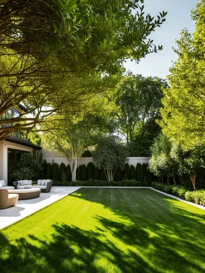 A spacious backyard with a large, healthy lawn that extends right up to the patio. The design is framed by mature trees and a neat hedge, creating a private and serene outdoor space.