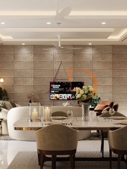 The view from the dining area, showing how the entire open-plan space is unified through a cohesive color palette and material selection.