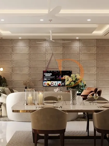This perspective from the dining table shows how all the elements, from the concrete wall to the bar unit, work together to create a cohesive and stylish entertaining space.