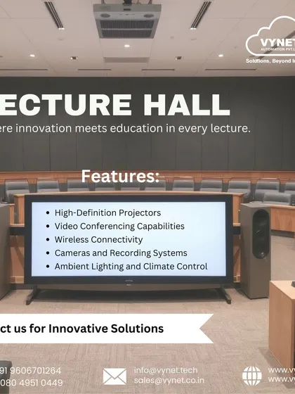 This is an example of a fully automated lecture hall we delivered. The solution includes high-definition projectors, video conferencing for remote participation, integrated cameras for recording lectures, and centralized control for ambient lighting and climate, creating an optimal learning environment.
