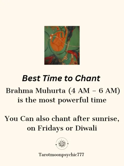 The most powerful time to chant the Lakshmi Ganapati mantra is during Brahma Muhurta (4 AM - 6 AM). However, you can also chant it after sunrise, on Fridays, or during Diwali for potent results.