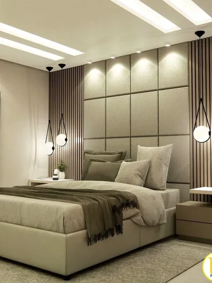 A duplicate image of the luxurious master bedroom, highlighting the beautiful combination of textures and lighting.