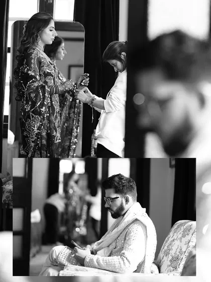 Black and white shots of the bride and groom getting ready for their Haldi ceremony. These behind-the-scenes moments capture the quiet anticipation before the festivities begin.