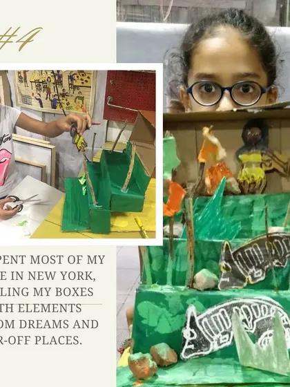 This clue points to the artist's life in New York and their method of filling boxes with elements from dreams and far-off places, encouraging students to do the same.