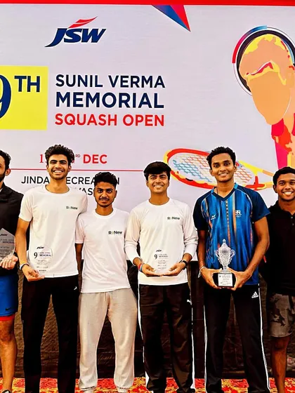 The winners' lineup at the JSW Sunil Verma Memorial Squash Open, with multiple Squfit players on the podium.