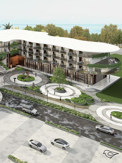 An aerial perspective of the Sea Front Business Hotel, showcasing the fluid roofline inspired by ocean waves. The masterplan includes circular drop-off zones and extensive green spaces that integrate the large building into the coastal landscape.