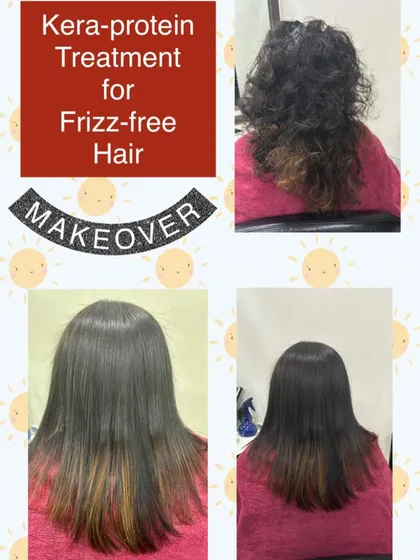 Here you can see how our Kera-Protein treatment effectively tames frizz and adds shine. The client's hair went from curly and frizzy to smooth and straight with a healthy glow.